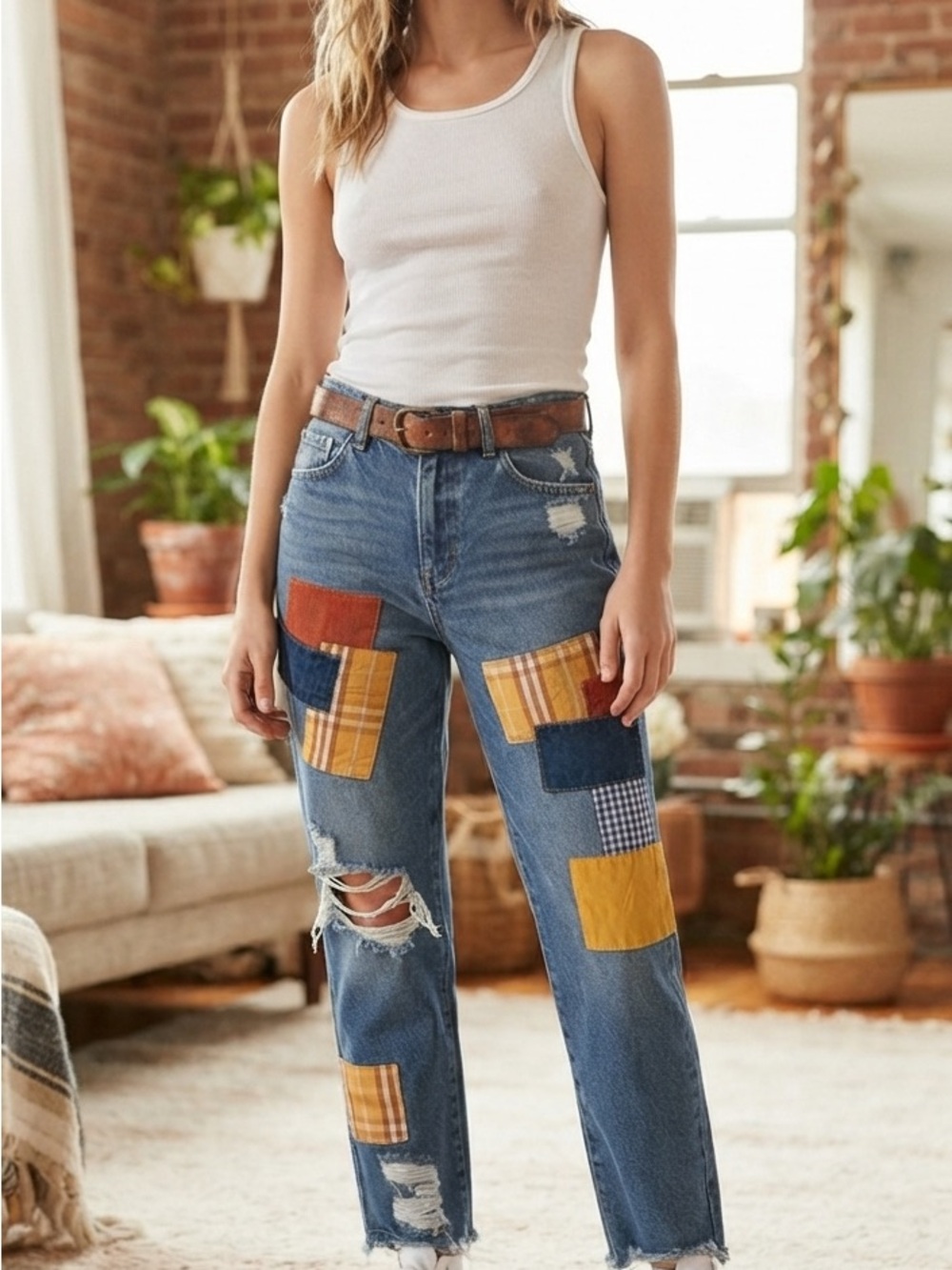Forever 21 Patchwork Distressed Boyfriend Jeans Size 28 Y2K Boho